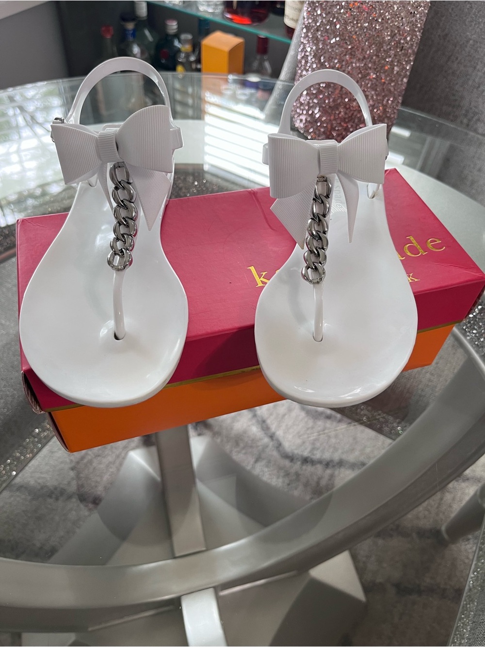 kate spade White Bow Chain T-Strap Jelly Sandals